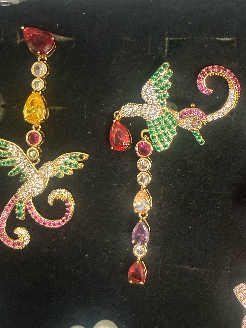 Multicolor Hummingbird Drop Earrings - Gold Tone